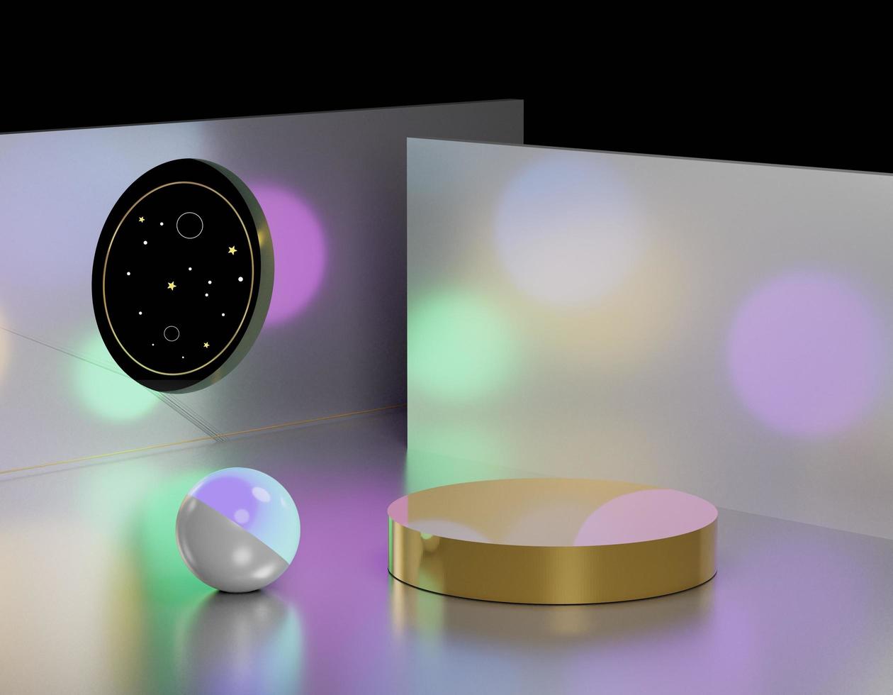 3d abstract geometric forms. Neon tone of luxury podium with bokeh light stars for your design. Fashion show stage,pedestal, shopfront with Galaxy theme. photo