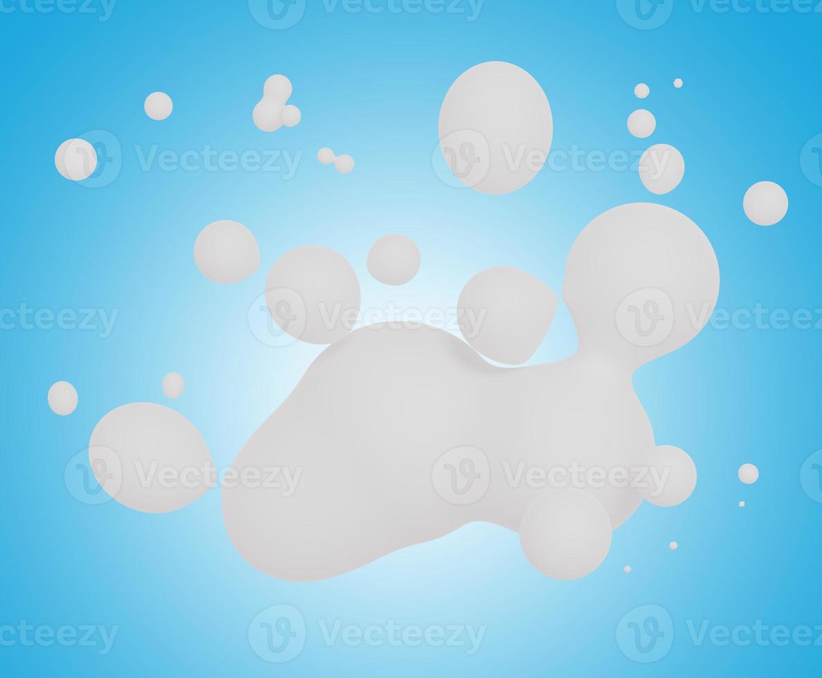 3d render of milk splash isolated on blue background. Fluids drops, soaps bubbles, blobs that floating on the air. photo