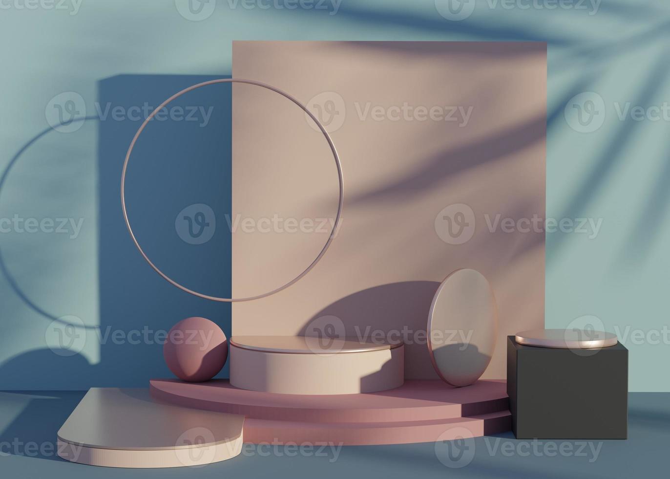 3d geometric forms. Podium in coral pink color. Pedestal with shadow of palm leaves. Minimal scene for  product display. photo