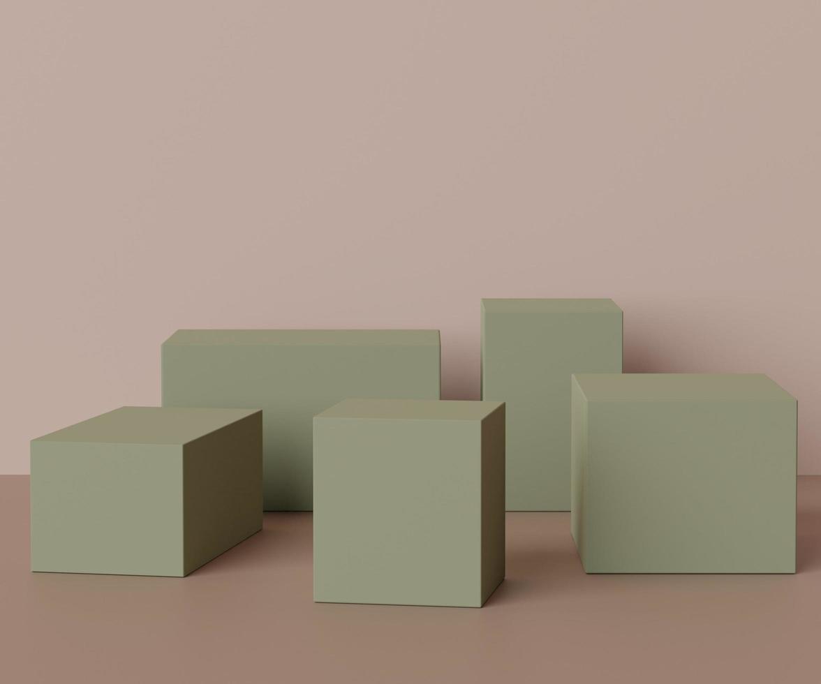 3d render scene of minimal Podium scene for display products. Abstract empty background for cosmetic advertising. Box podium in green color. photo