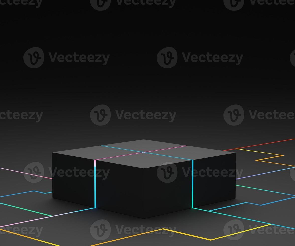 3d geometric forms. Black Box podium with neon light in dark theme. Minimal scene for  product display. photo