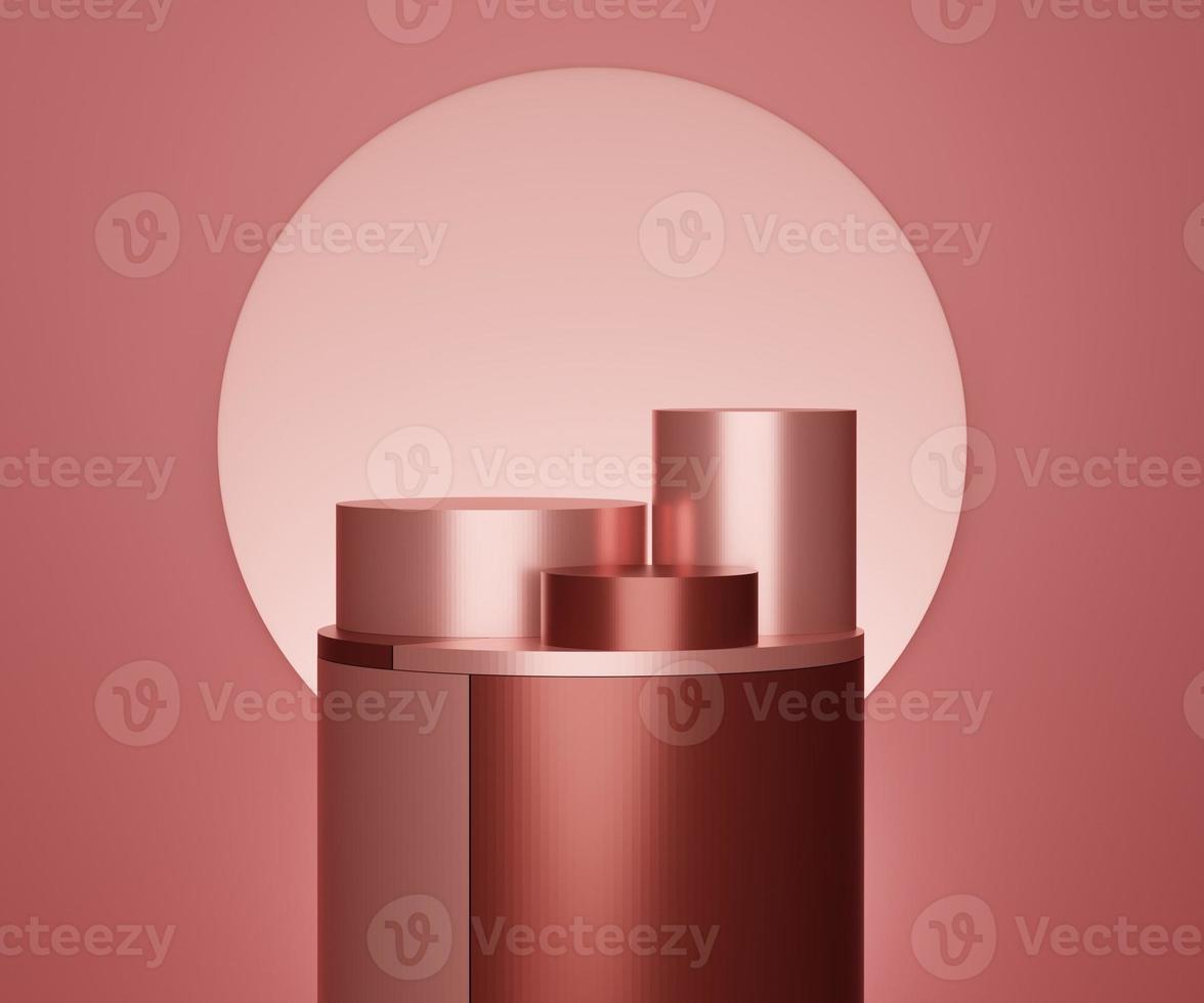3d geometric forms. Metal cylinder podium in pink color. Fashion show stage,pedestal, shopfront with colorful theme. Minimal scene for  product display. photo