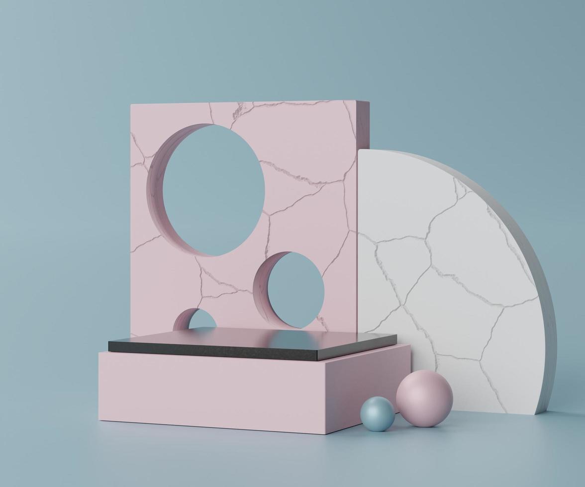 3d geometric forms. Pink box podium with cracked wall. Fashion show stage,pedestal, shopfront with blue theme. Minimal scene for  product display. photo