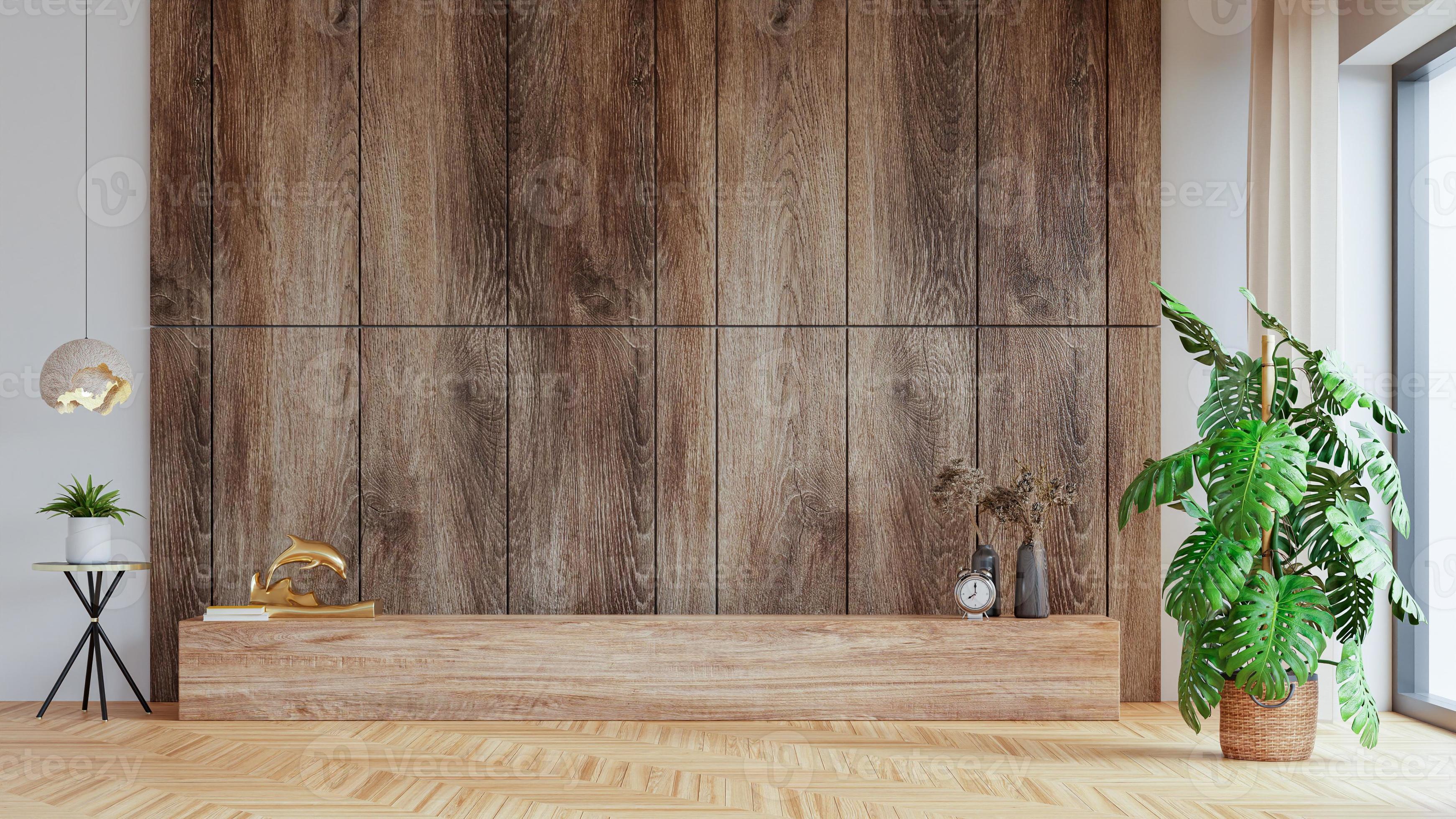 Wall mockup in modern living room with decoration on wooden wall background. 8205935 Stock Photo