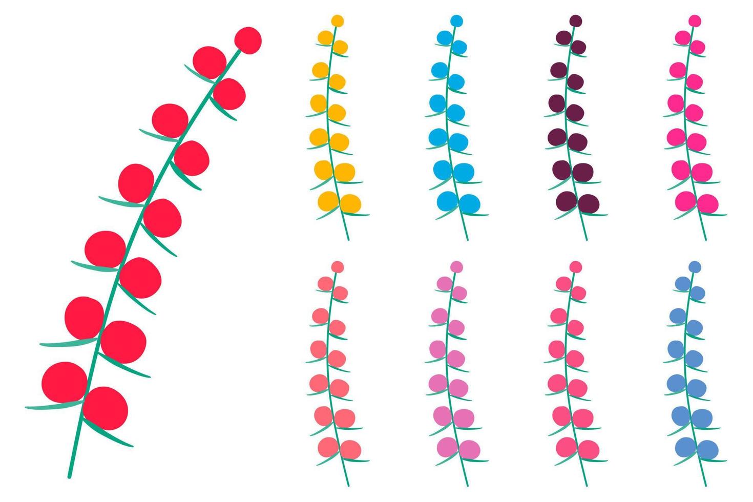 Vector set, plant stem with flowers. Flat style