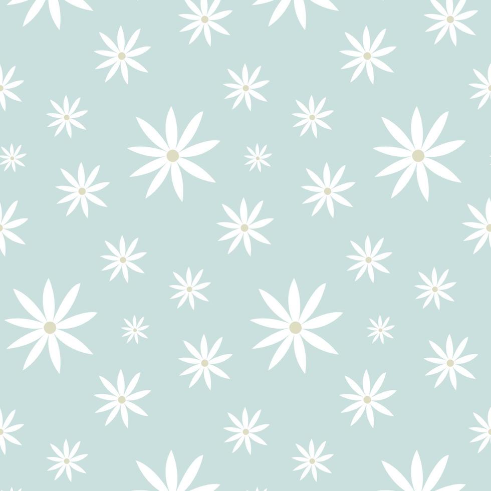 Pattern groovy trippy daisy. Daisies and lines on light blue background. 70s vibes floral background. Hand drawn vector illustration in flat style.