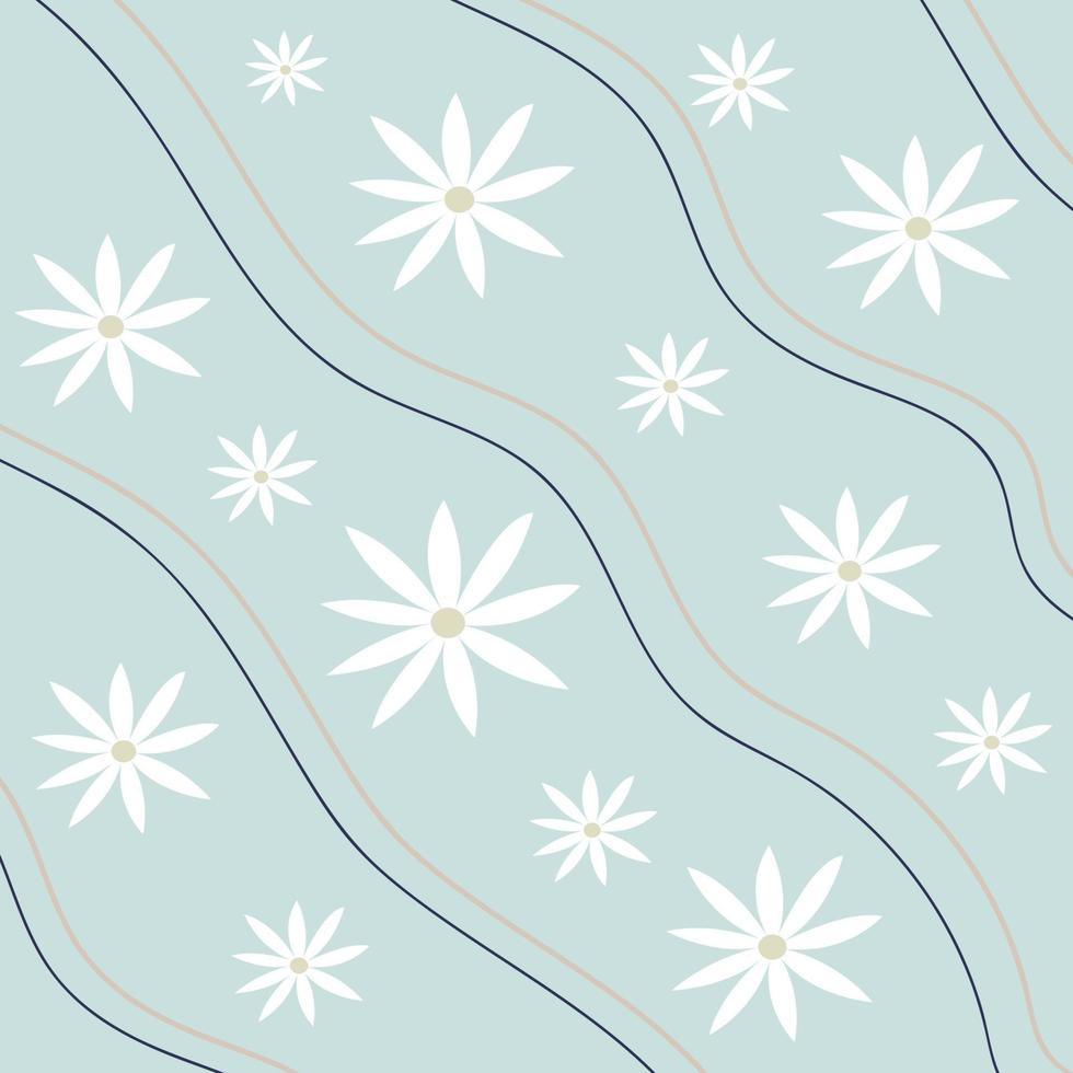 Pattern groovy trippy daisy. Daisies and lines on light blue background. 70s vibes floral background. Hand drawn vector illustration in flat style.