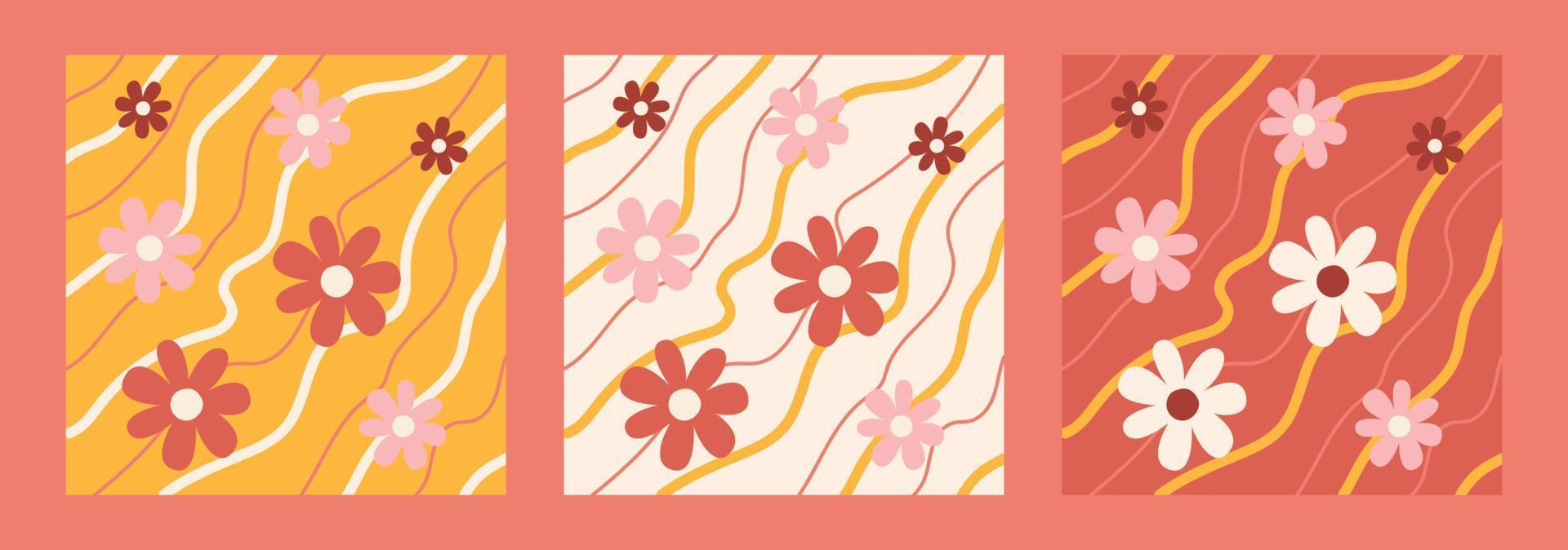 Pattern groovy trippy daisy set. Daisies and lines on bright background. 70s vibes floral background. Hand drawn vector illustration.