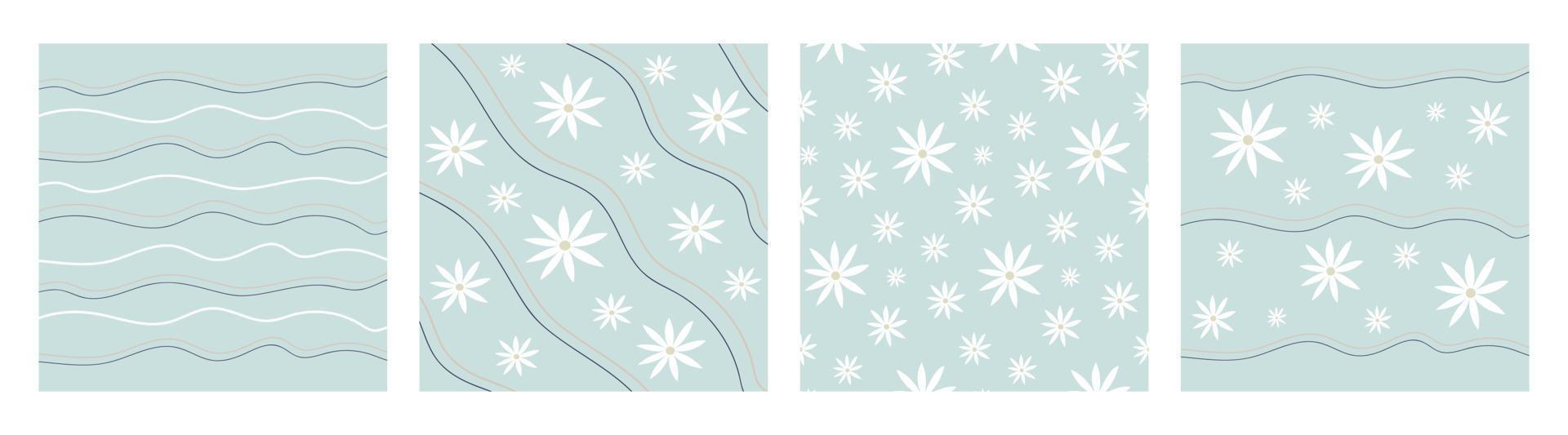 Pattern groovy trippy daisy. Daisies and lines on light blue background. 70s vibes floral background. Hand drawn vector illustration in flat style.