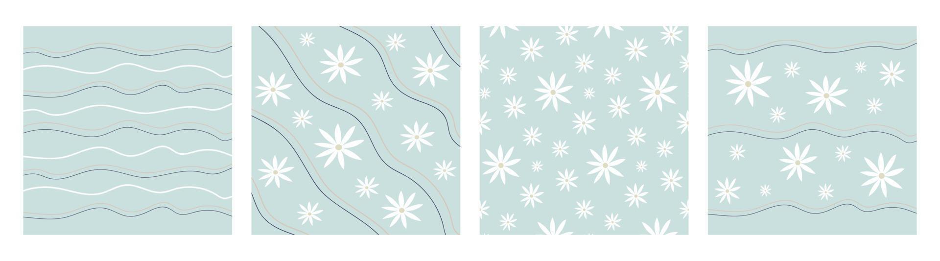 Pattern groovy trippy daisy. Daisies and lines on light blue background. 70s vibes floral background. Hand drawn vector illustration in flat style.