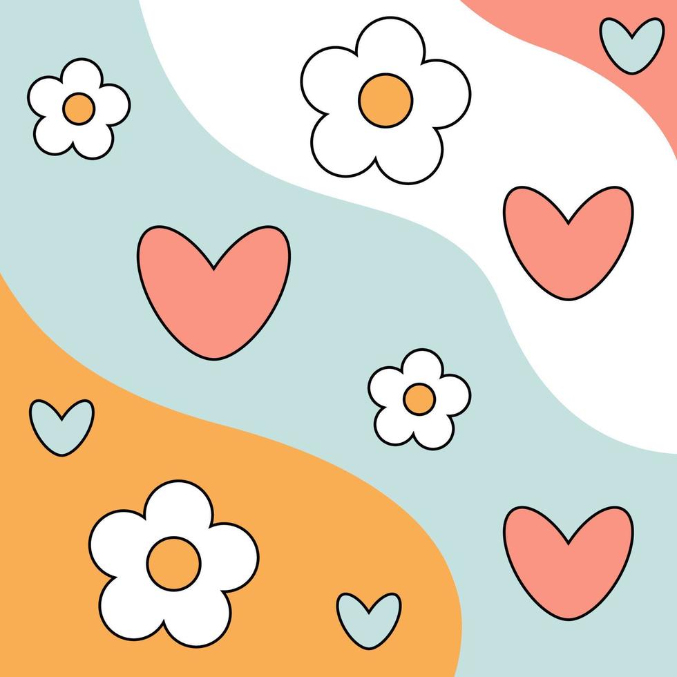 1970 trippy pattern daisy. White daisies and pink hearts on colorful background. 70s vibes floral background. Groovy hand drawn vector illustration.