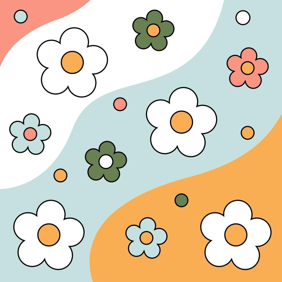1970 trippy pattern daisy. White, green, blue, pink daisies on colorful background. 70s vibes floral background. Groovy hand drawn vector illustration.