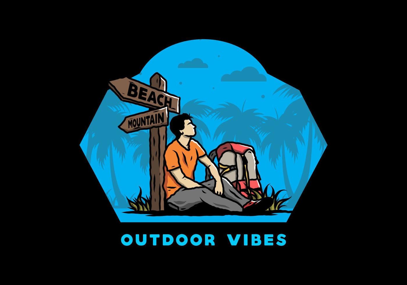 Man sit on the ground beside the way sign beach and mountain illustration vector