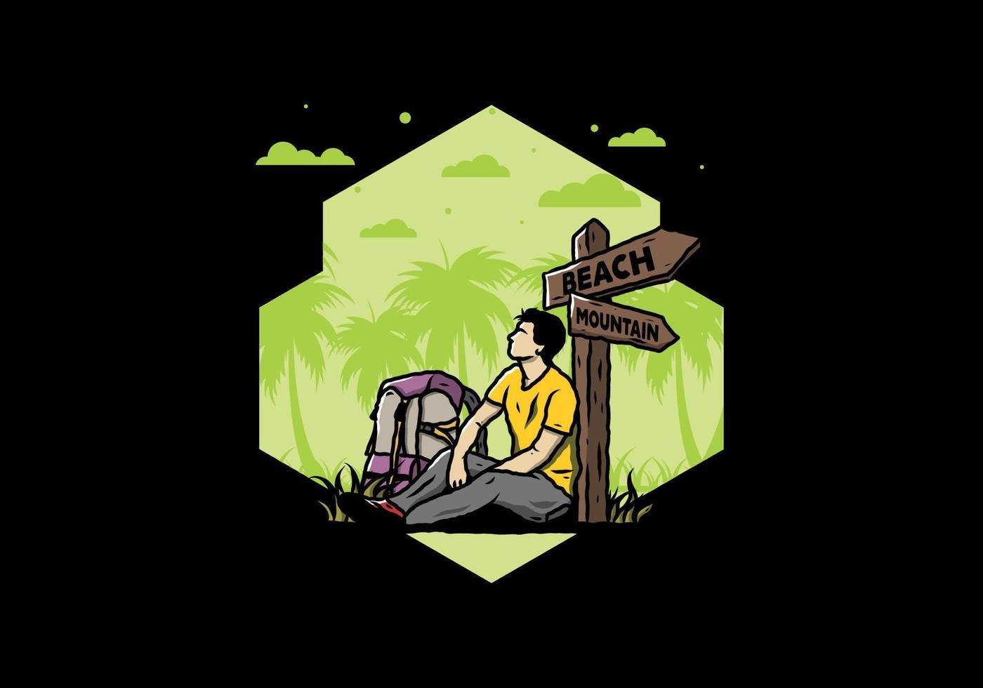 Man sit on the ground beside the way sign beach and mountain illustration vector