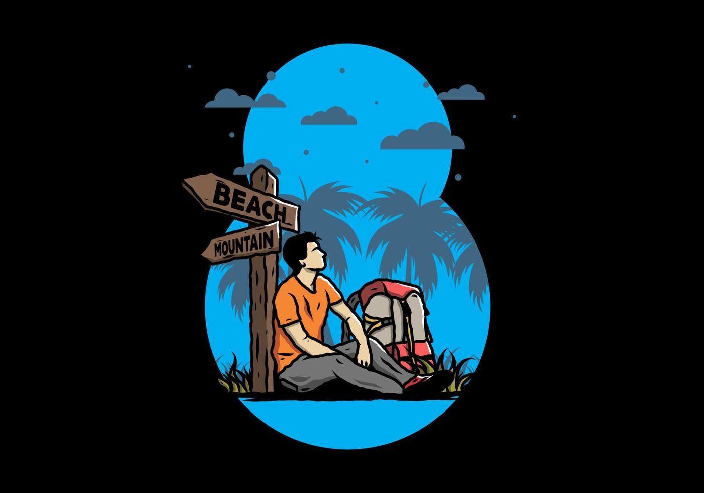 Man sit on the ground beside the way sign beach and mountain illustration vector