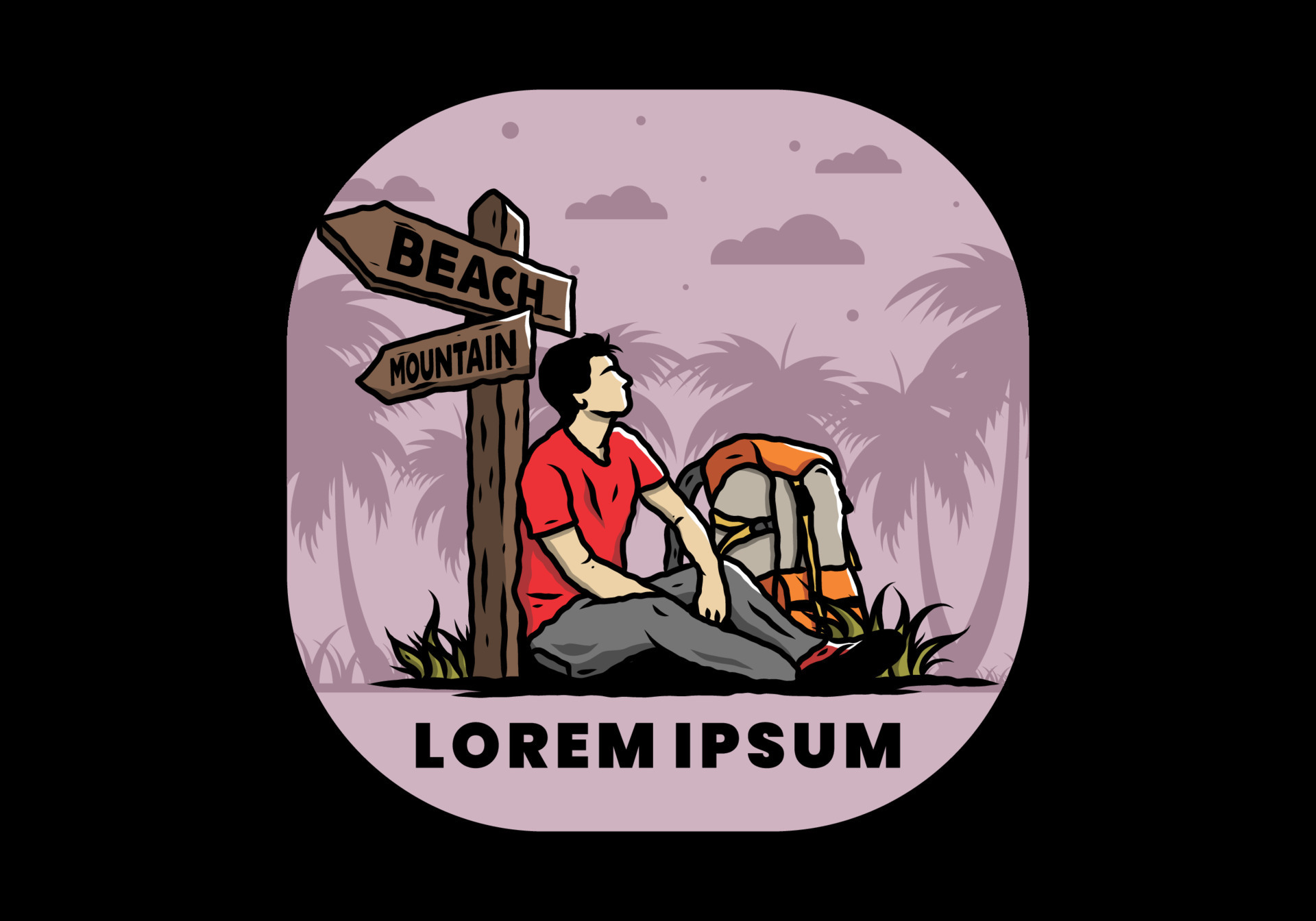 Man sit on the ground beside the way sign beach and mountain