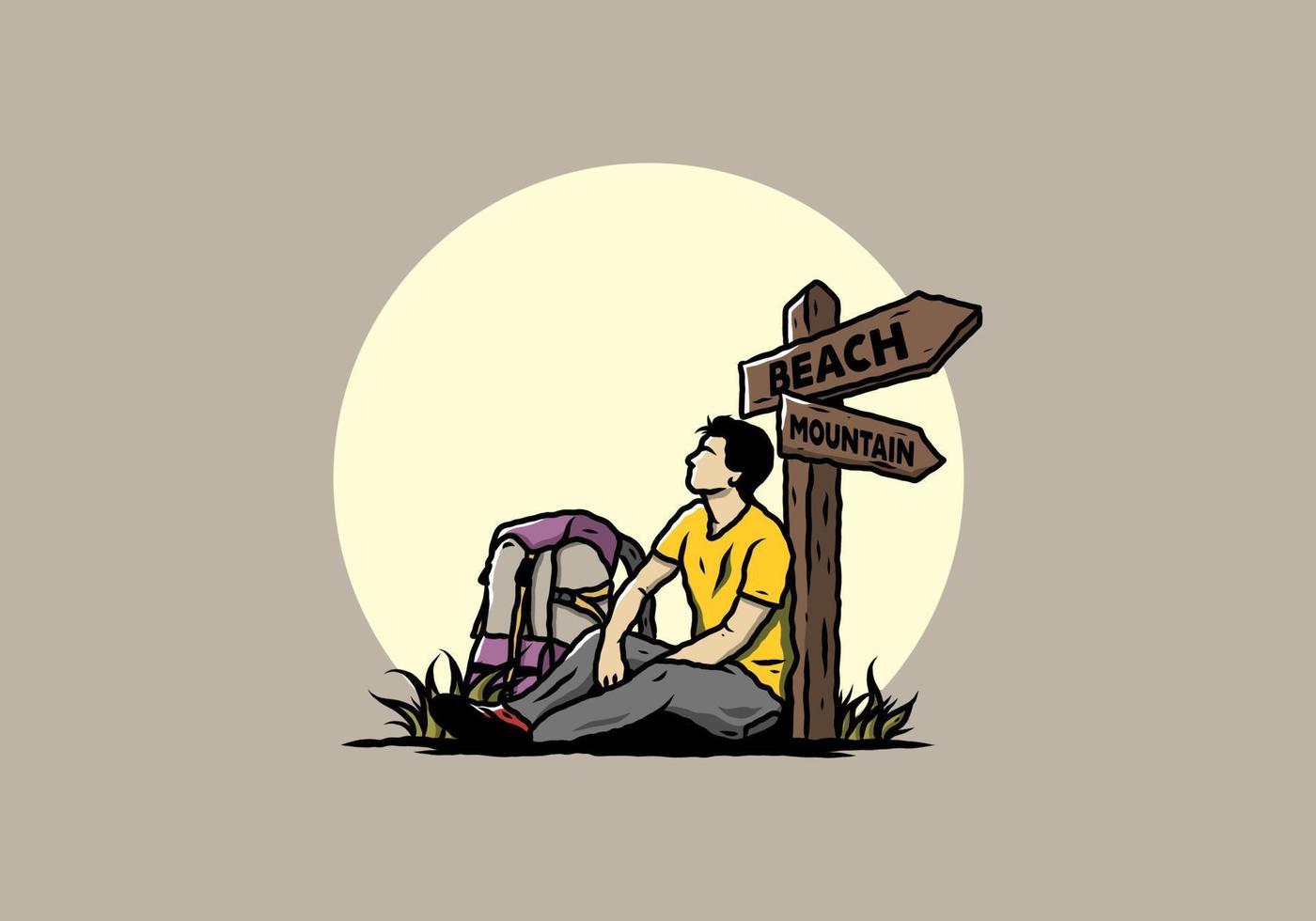Man sit on the ground beside the way sign beach and mountain illustration vector