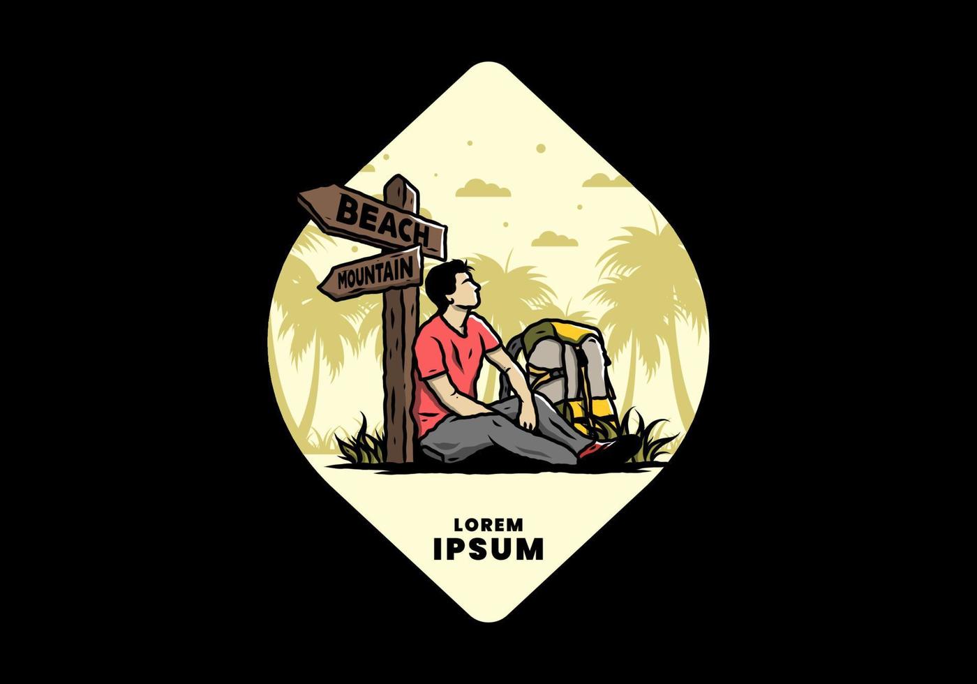 Man sit on the ground beside the way sign beach and mountain illustration vector