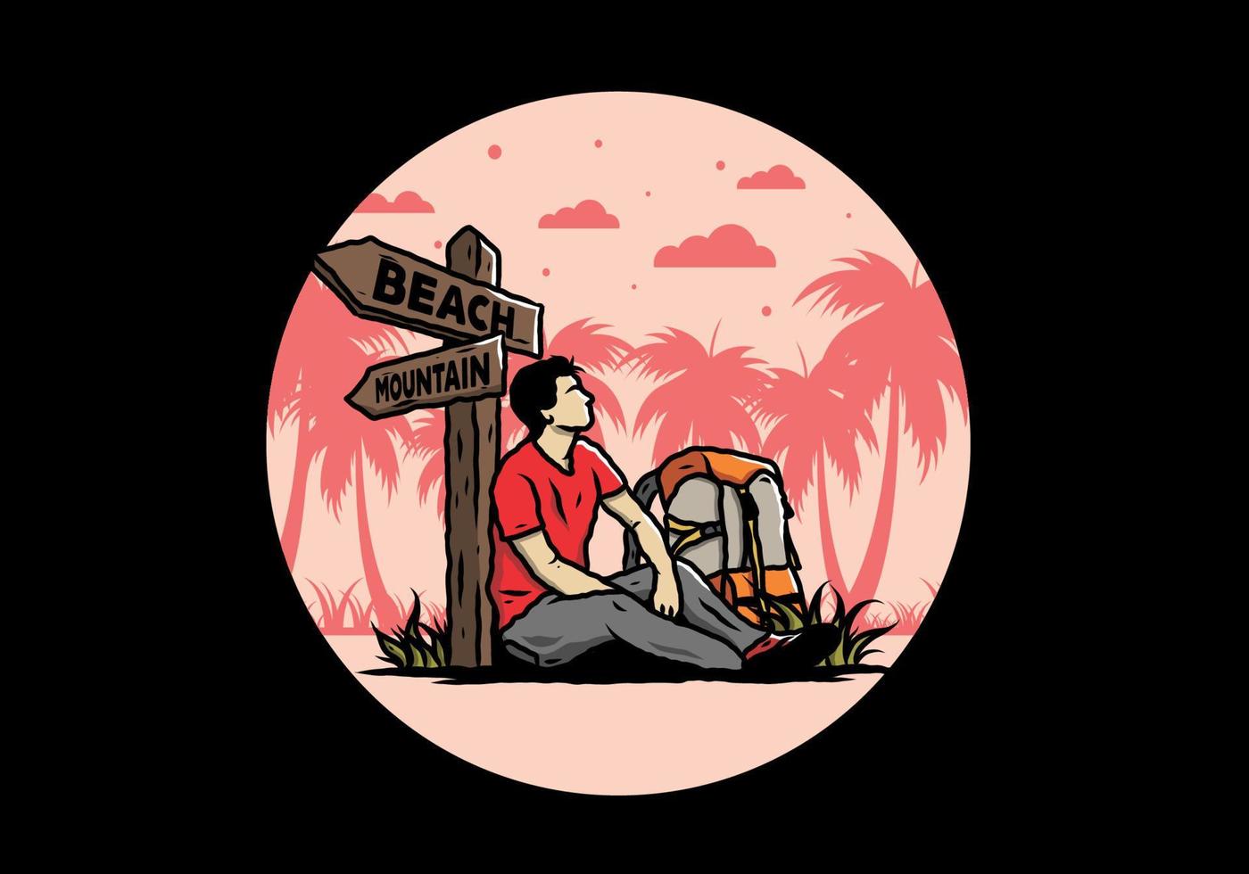 Man sit on the ground beside the way sign beach and mountain illustration vector