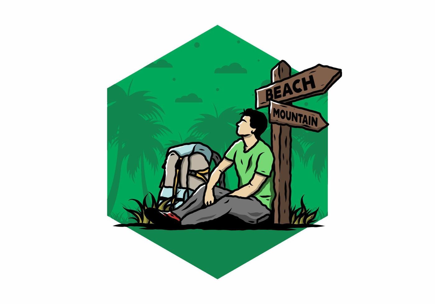 Man sit on the ground beside the way sign beach and mountain illustration vector