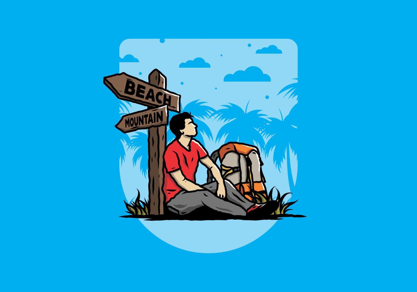 Man sit on the ground beside the way sign beach and mountain illustration vector