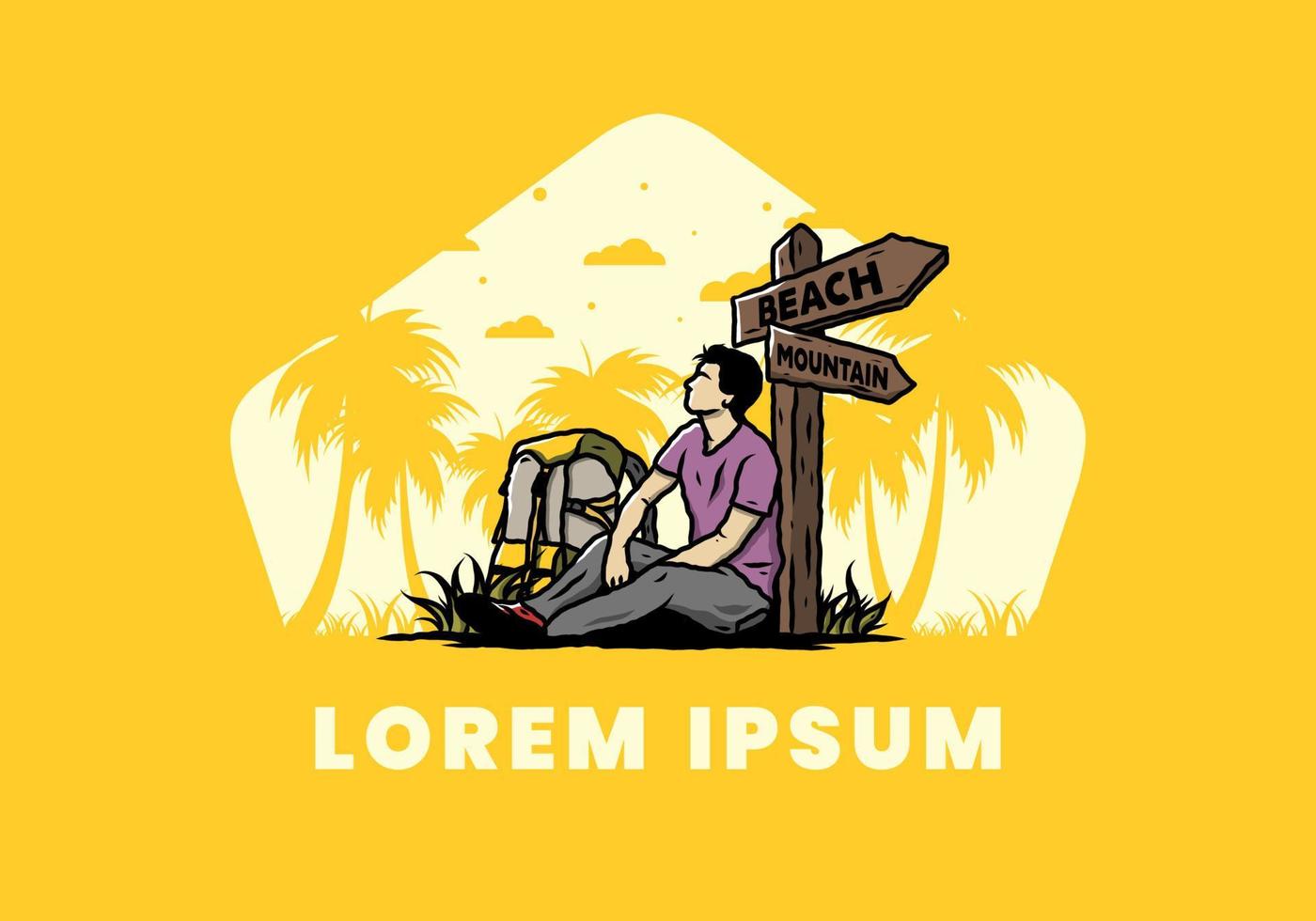 Man sit on the ground beside the way sign beach and mountain illustration vector