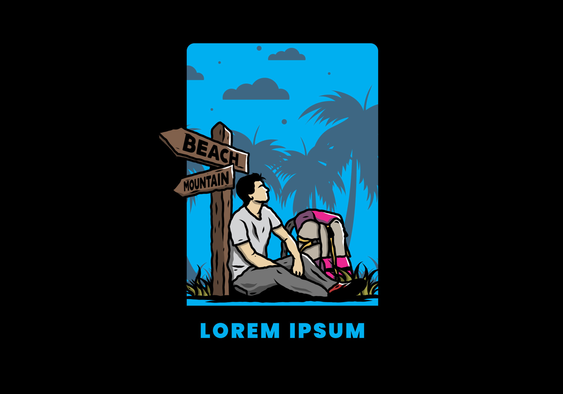 Man sit on the ground beside the way sign beach and mountain