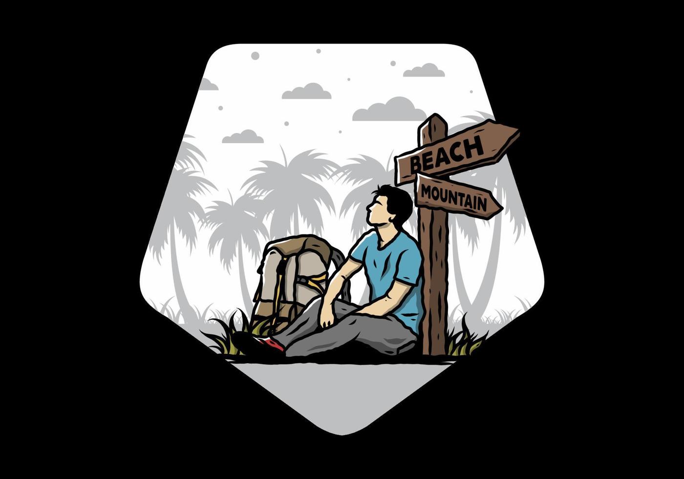 Man sit on the ground beside the way sign beach and mountain illustration vector