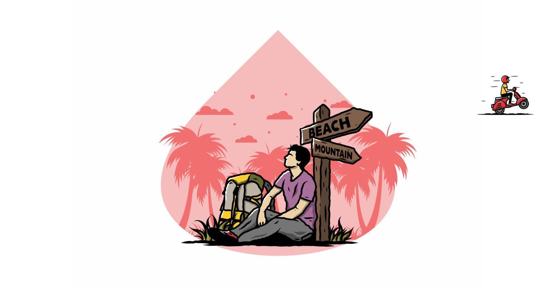 Man sit on the ground beside the way sign beach and mountain illustration vector