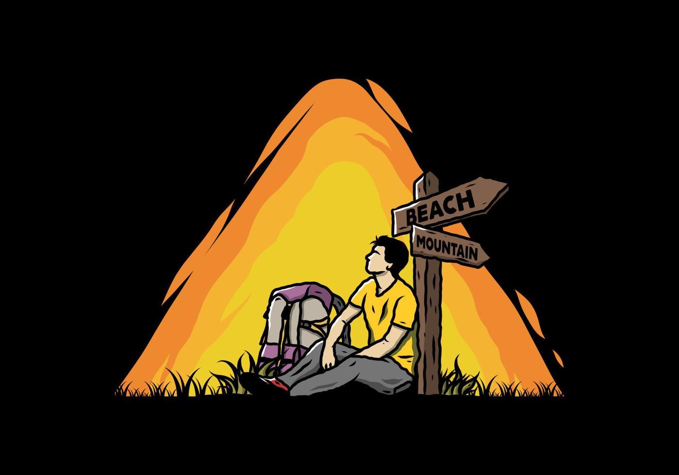 Man sit on the ground beside the way sign beach and mountain illustration vector