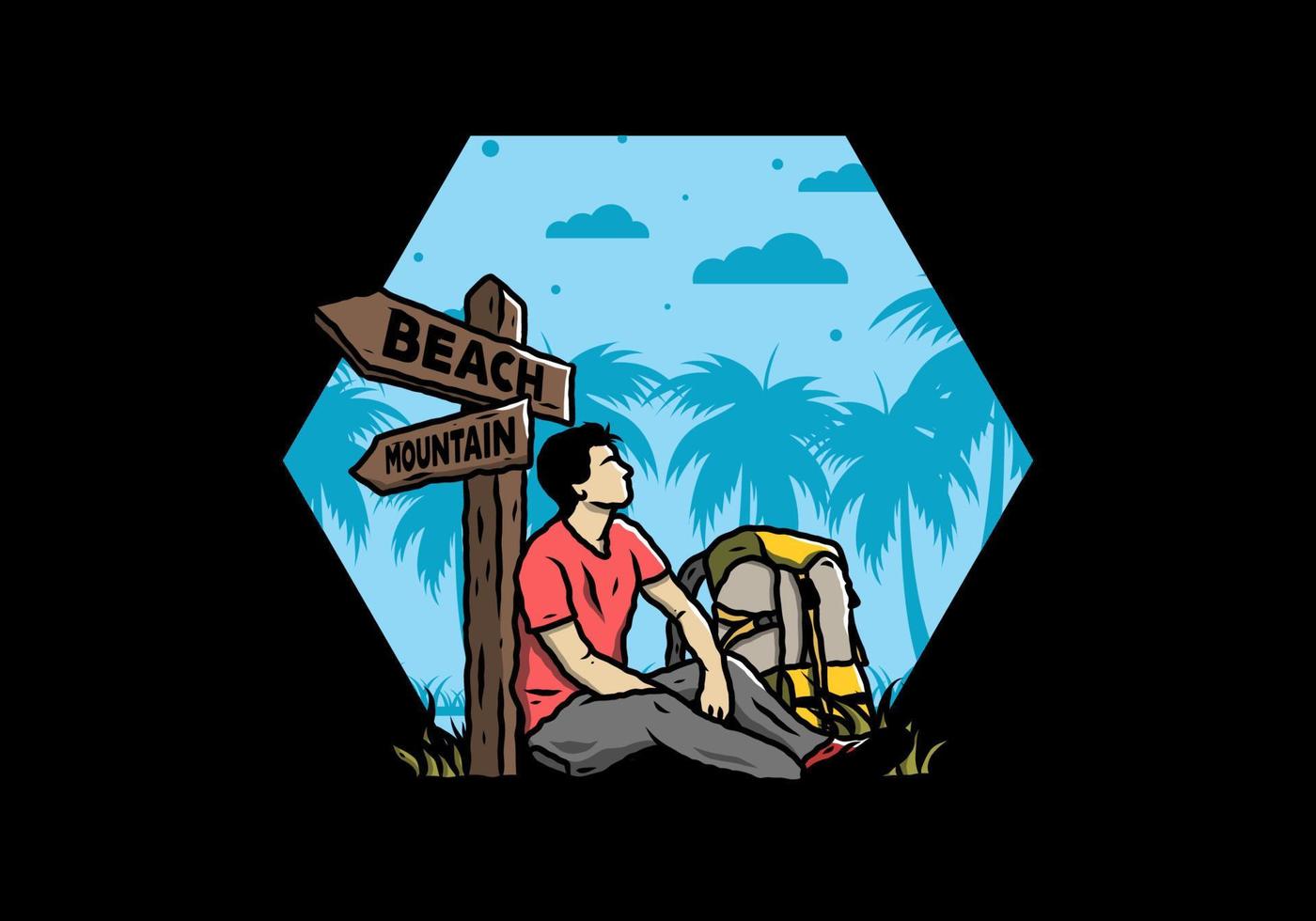 Man sit on the ground beside the way sign beach and mountain illustration vector