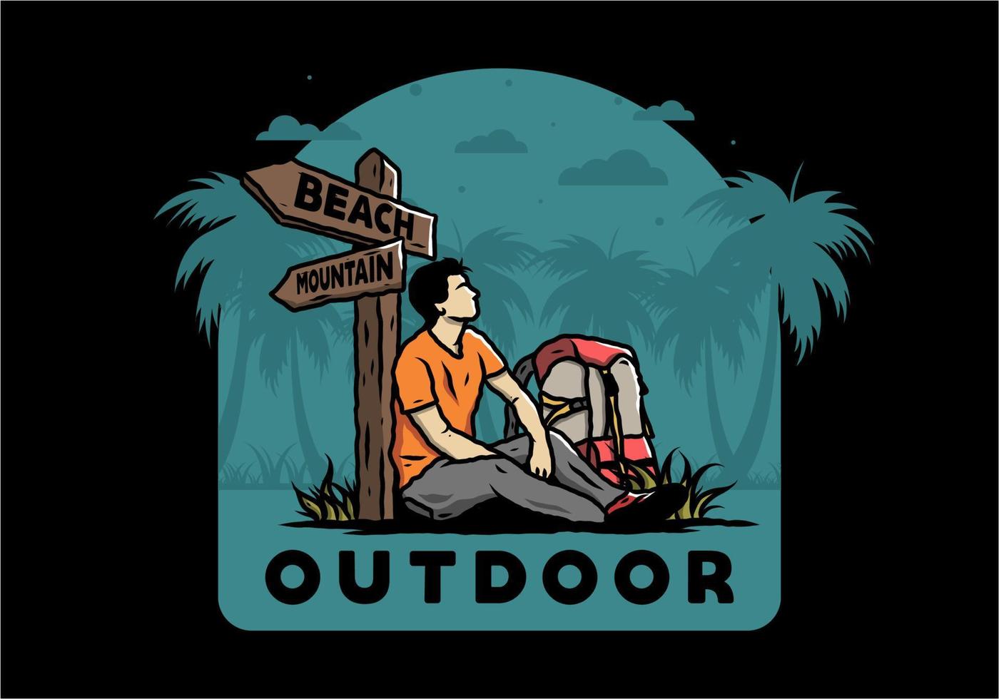 Man sit on the ground beside the way sign beach and mountain illustration vector