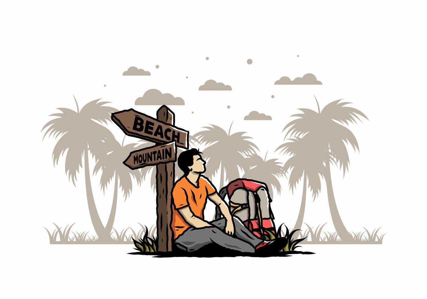 Man sit on the ground beside the way sign beach and mountain illustration vector