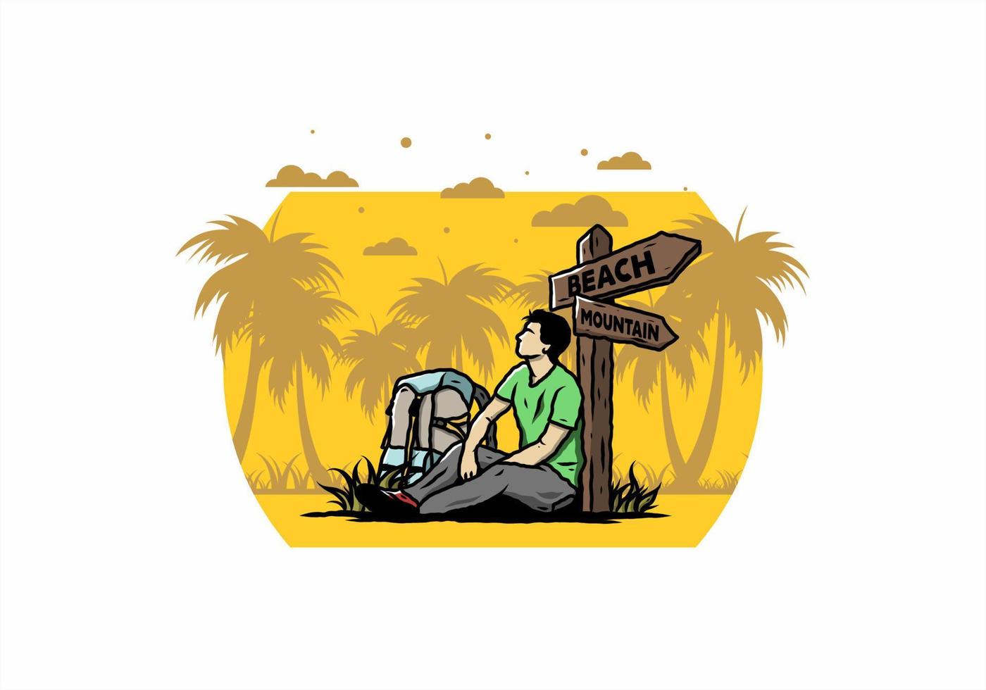 Man sit on the ground beside the way sign beach and mountain illustration vector