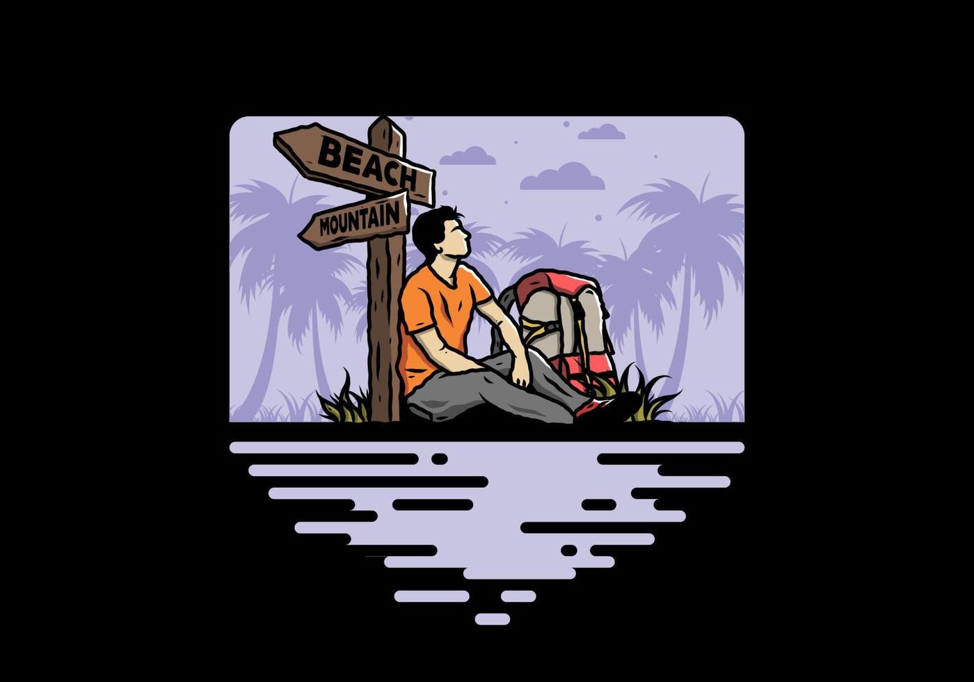 Man sit on the ground beside the way sign beach and mountain illustration vector