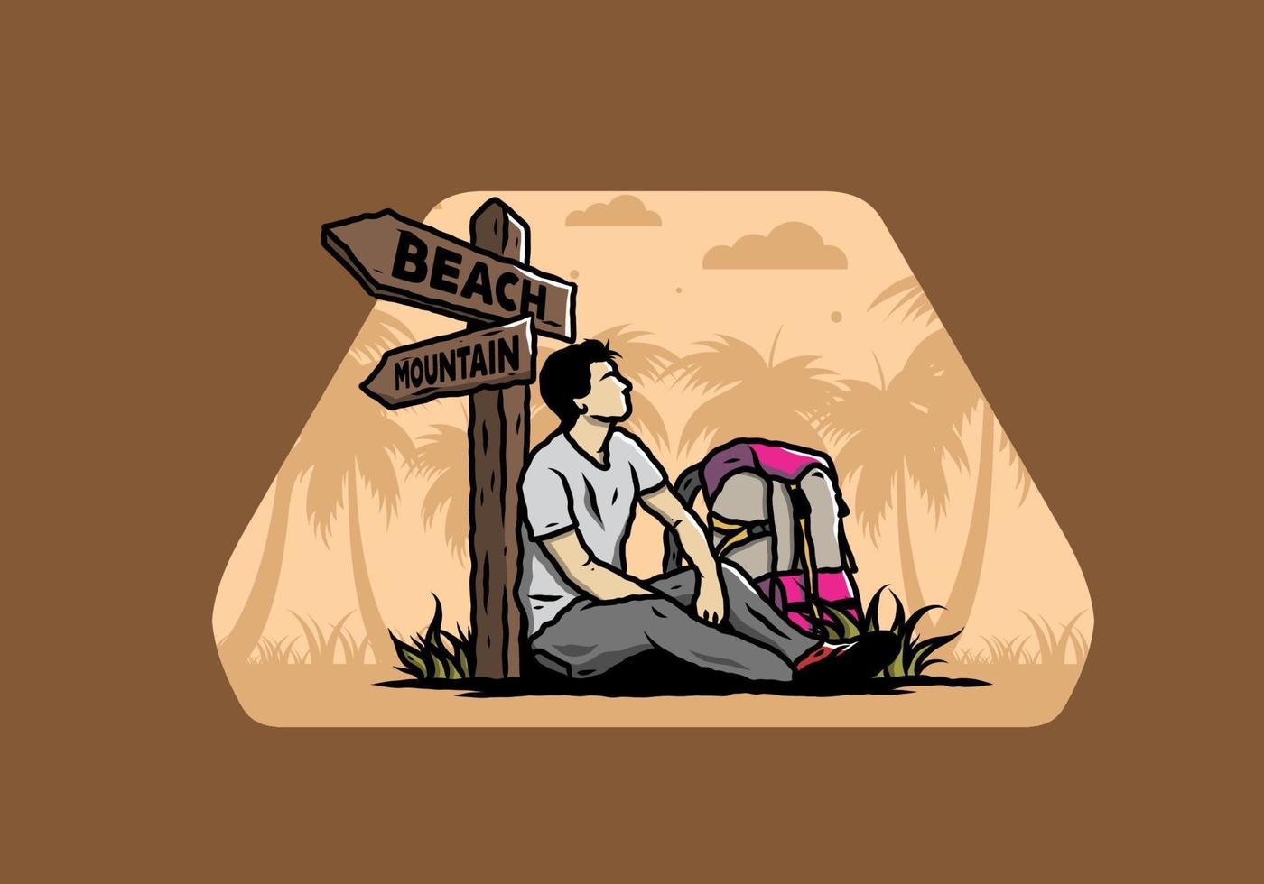 el hombre se sienta en el suelo al lado de la señal de camino ilustración de playa y montaña vector