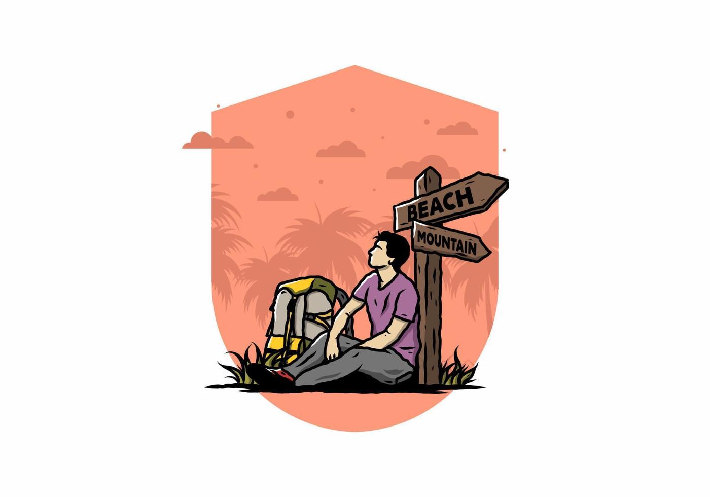 Man sit on the ground beside the way sign beach and mountain illustration vector