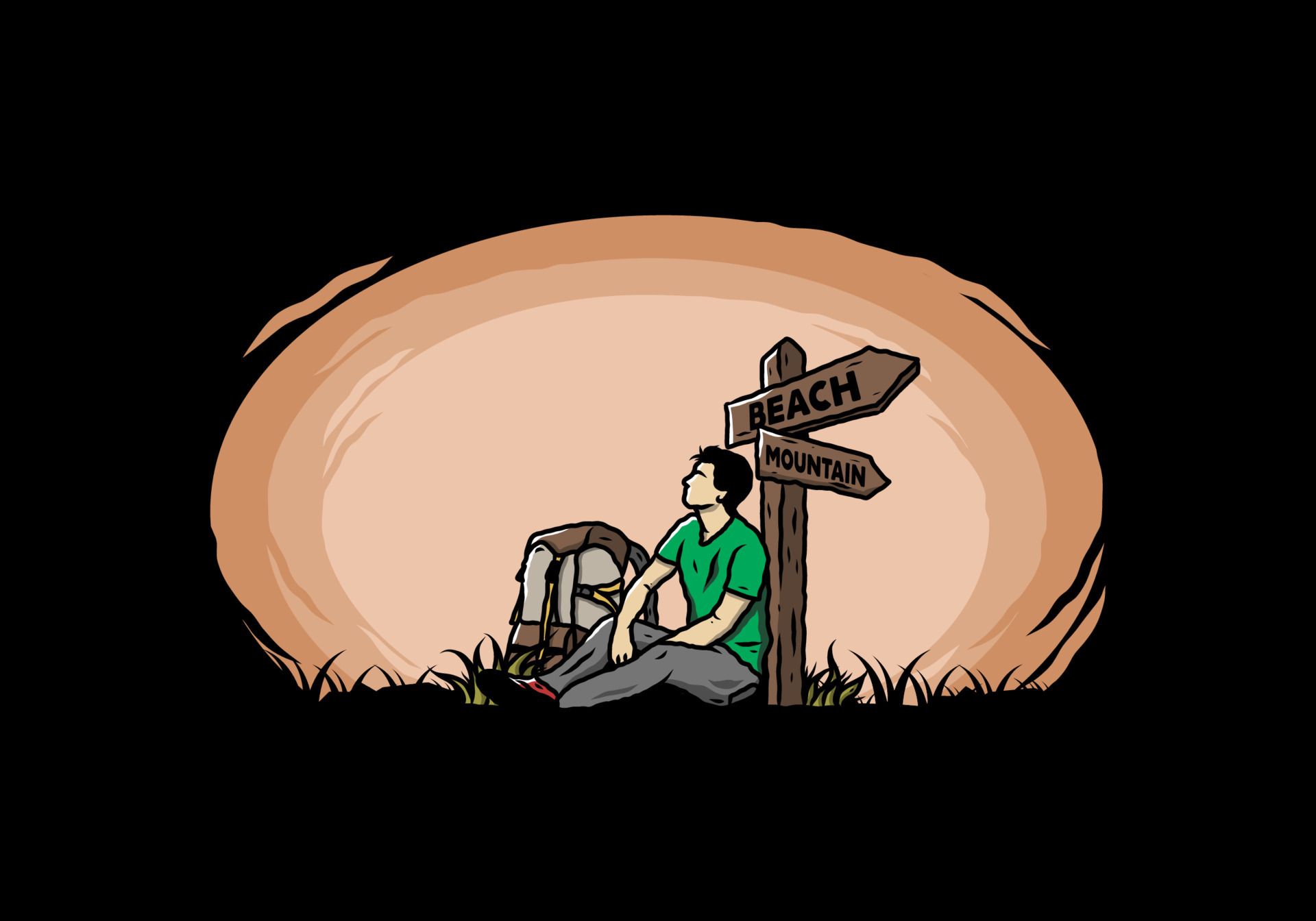 Man sit on the ground beside the way sign beach and mountain