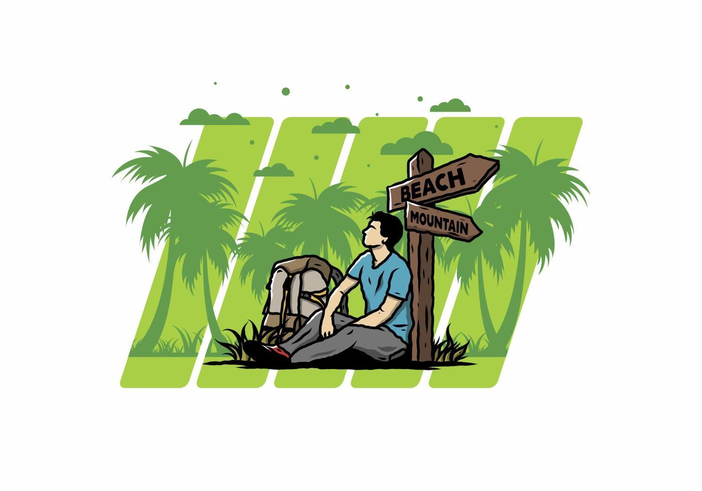 Man sit on the ground beside the way sign beach and mountain illustration vector