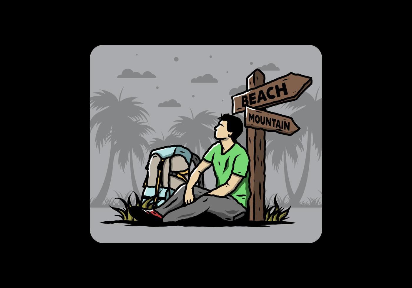 Man sit on the ground beside the way sign beach and mountain illustration vector