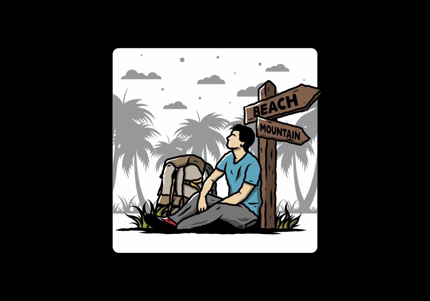 el hombre se sienta en el suelo al lado de la señal de camino ilustración de playa y montaña vector