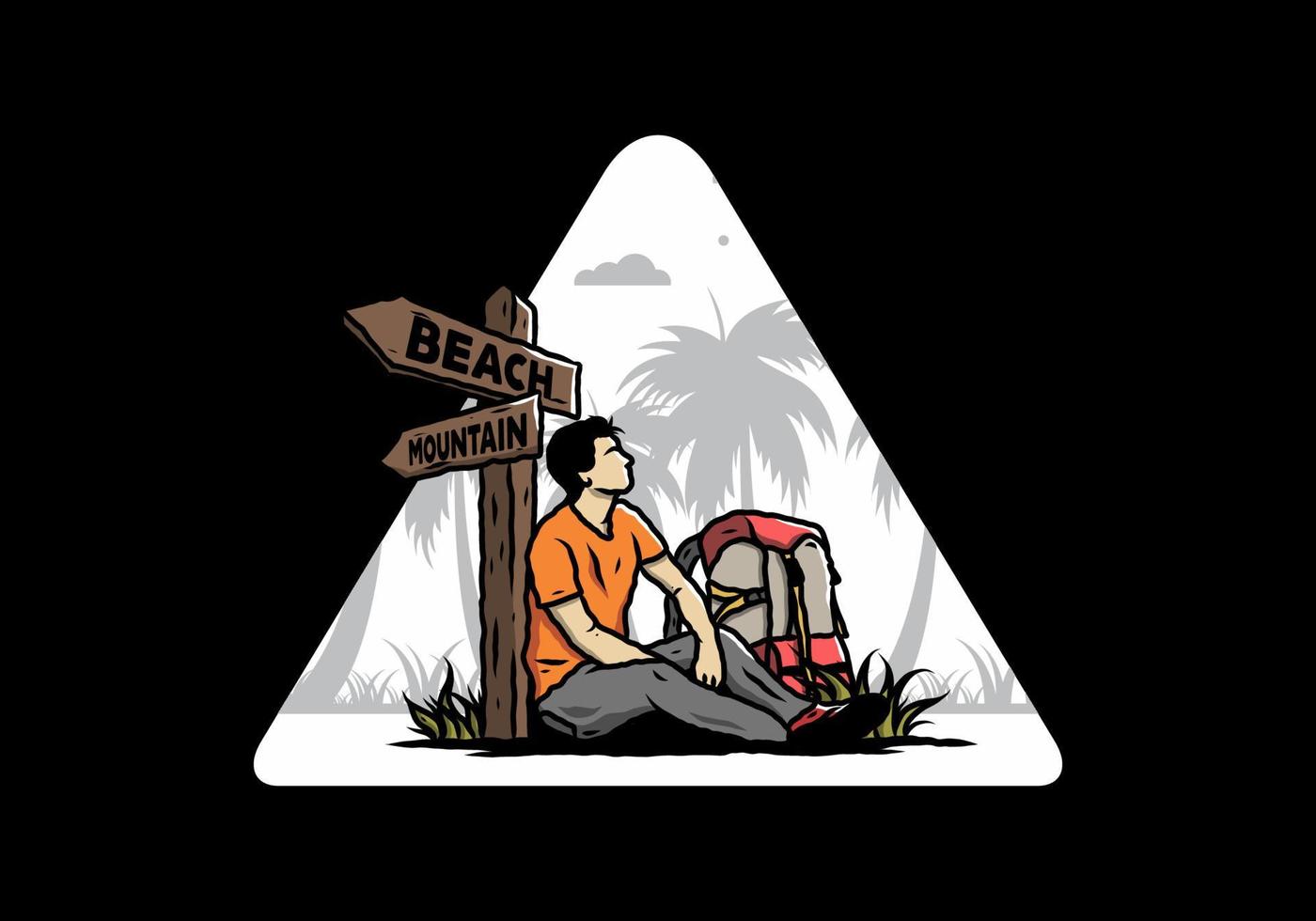 Man sit on the ground beside the way sign beach and mountain illustration vector