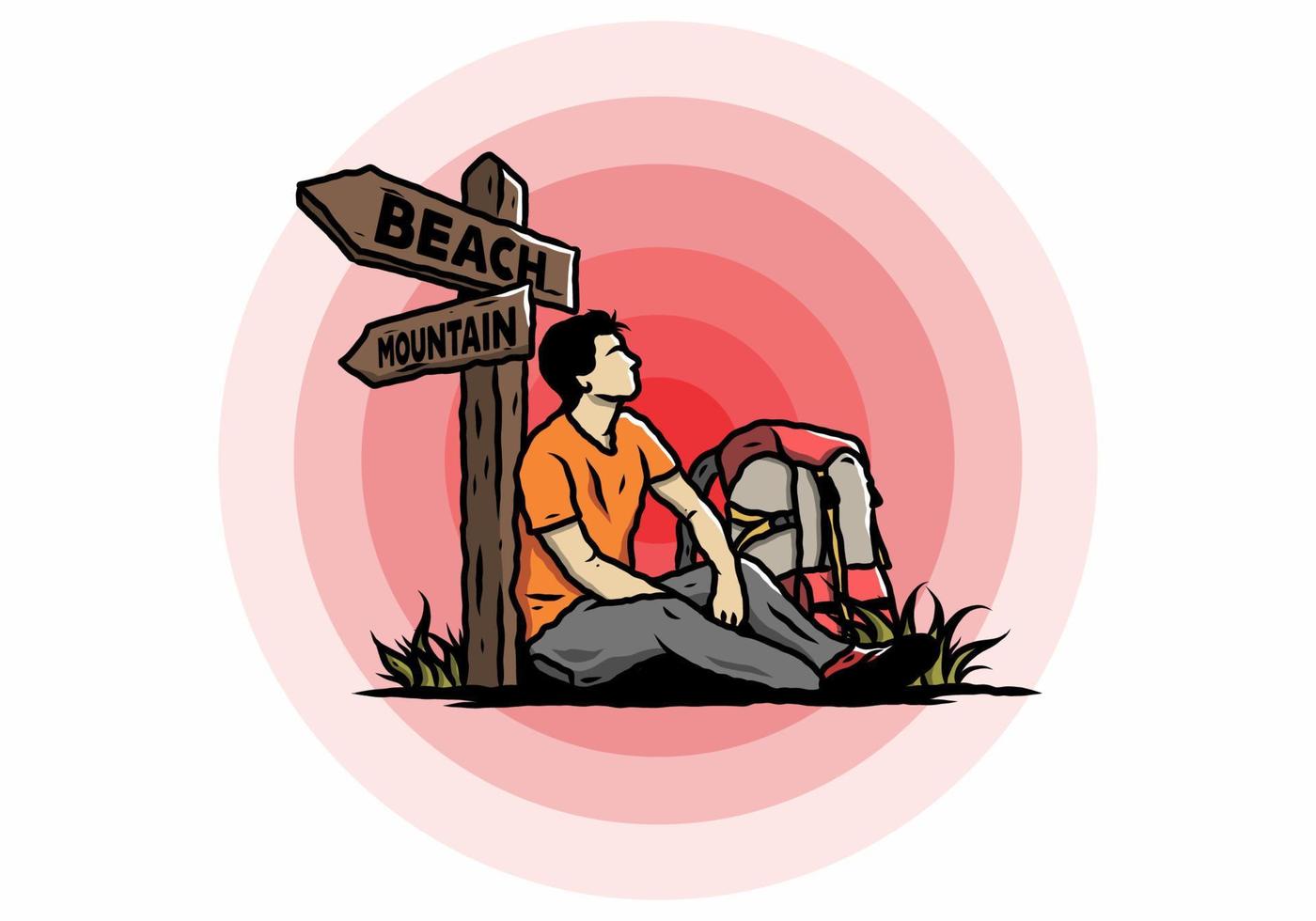 Man sit on the ground beside the way sign beach and mountain illustration vector