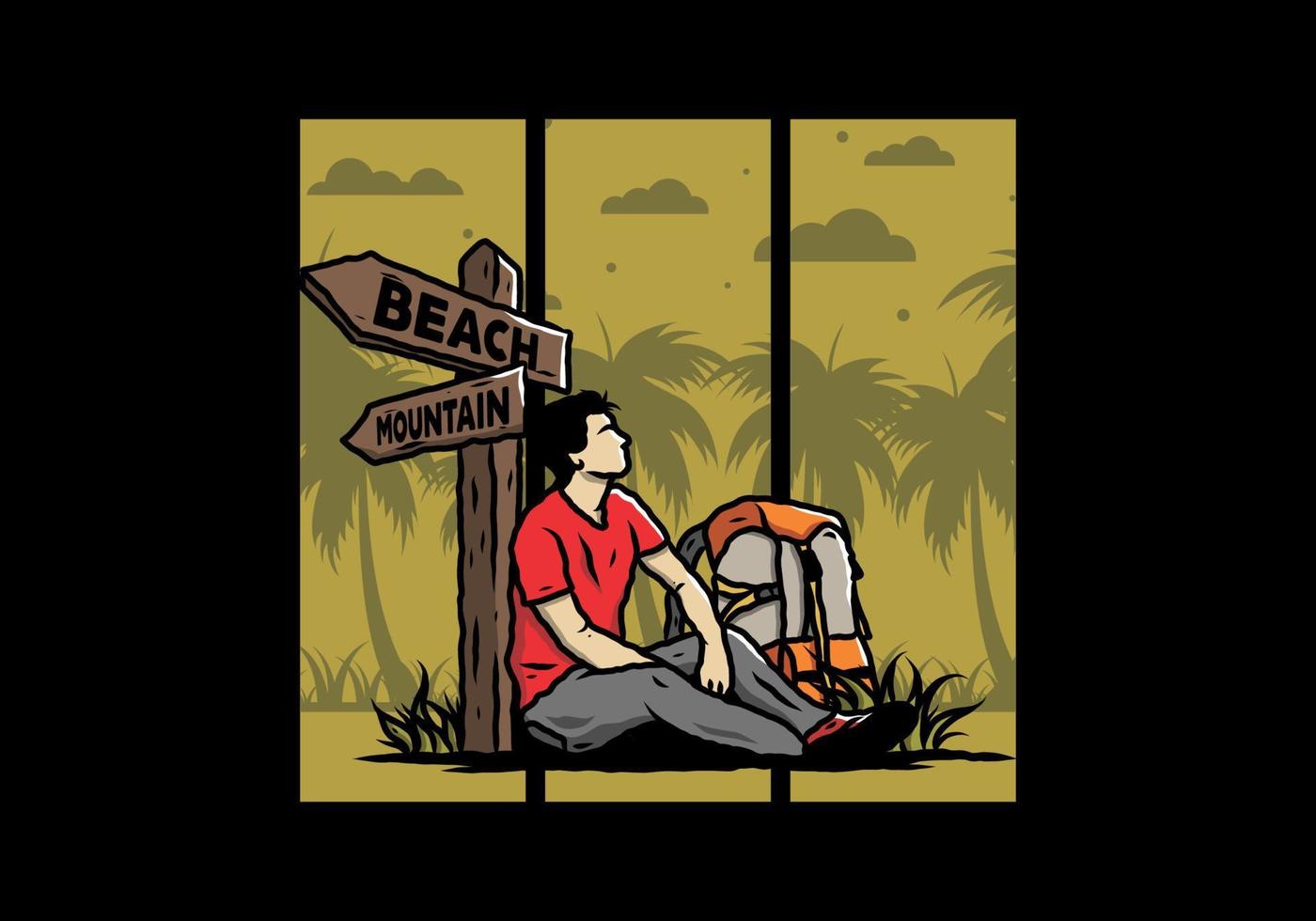 Man sit on the ground beside the way sign beach and mountain illustration vector