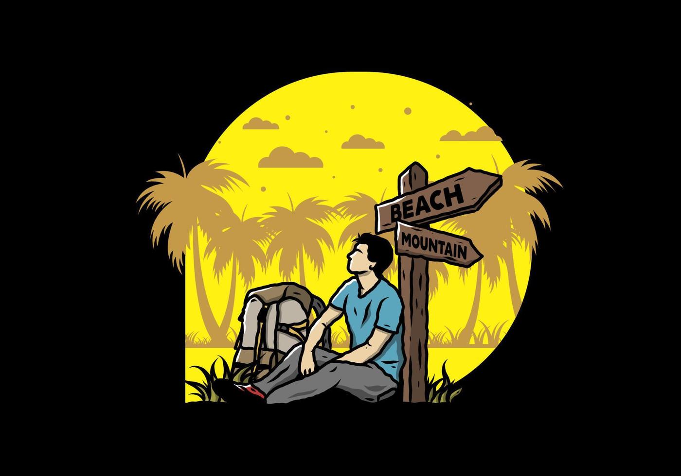 Man sit on the ground beside the way sign beach and mountain illustration vector