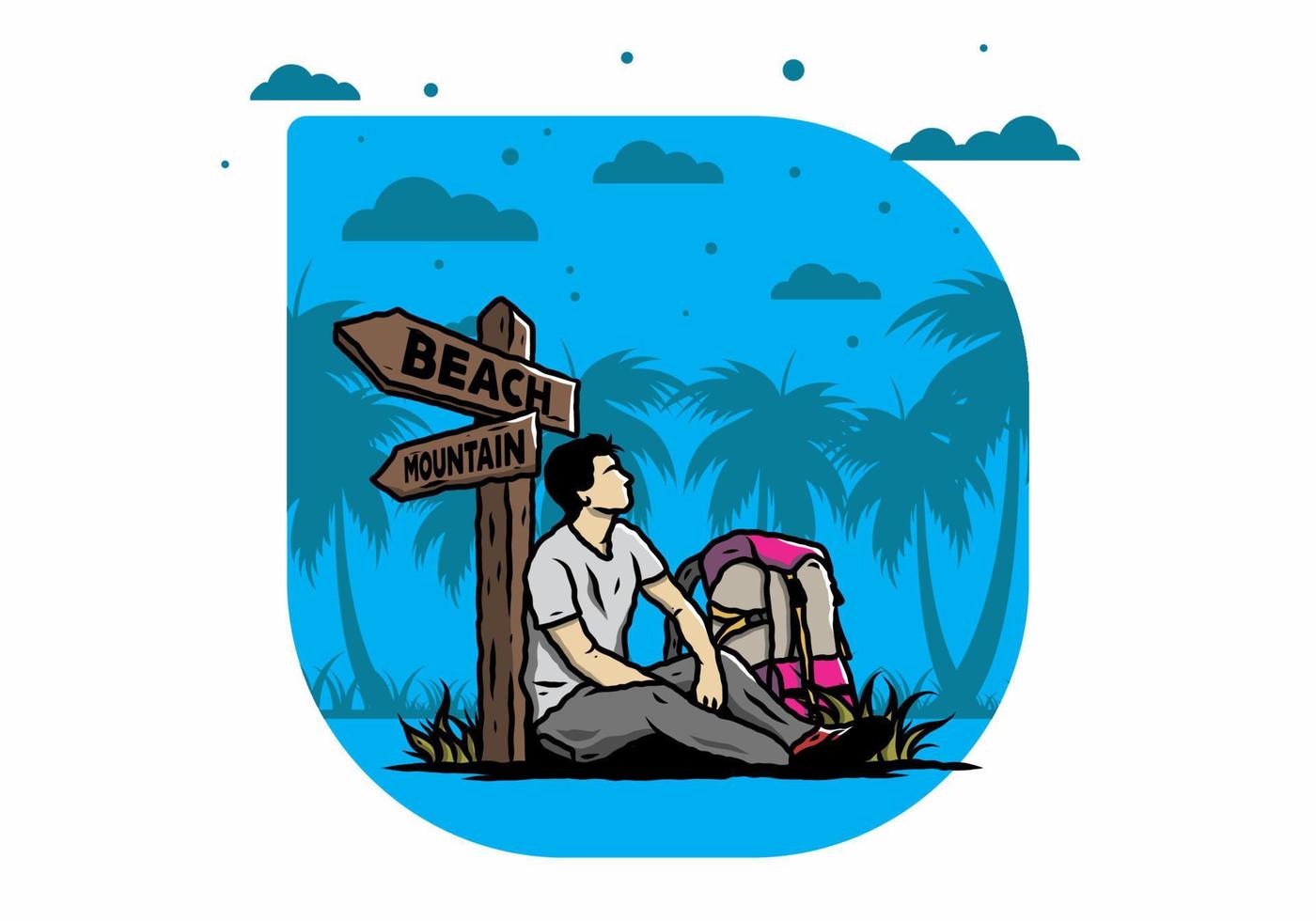 Man sit on the ground beside the way sign beach and mountain illustration vector