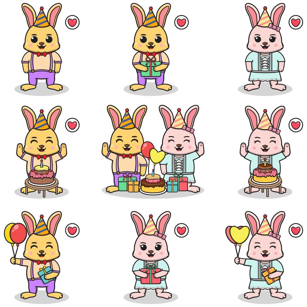 Vector of Cute Rabbit in Birthday Party. Set of cute little Rabbit characters. Collection of funny Rabbit isolated on a white background.