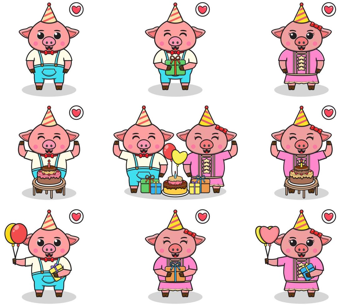 Vector of Cute Pig in Birthday Party. Set of cute little Pig characters. Collection of funny Pig isolated on a white background.