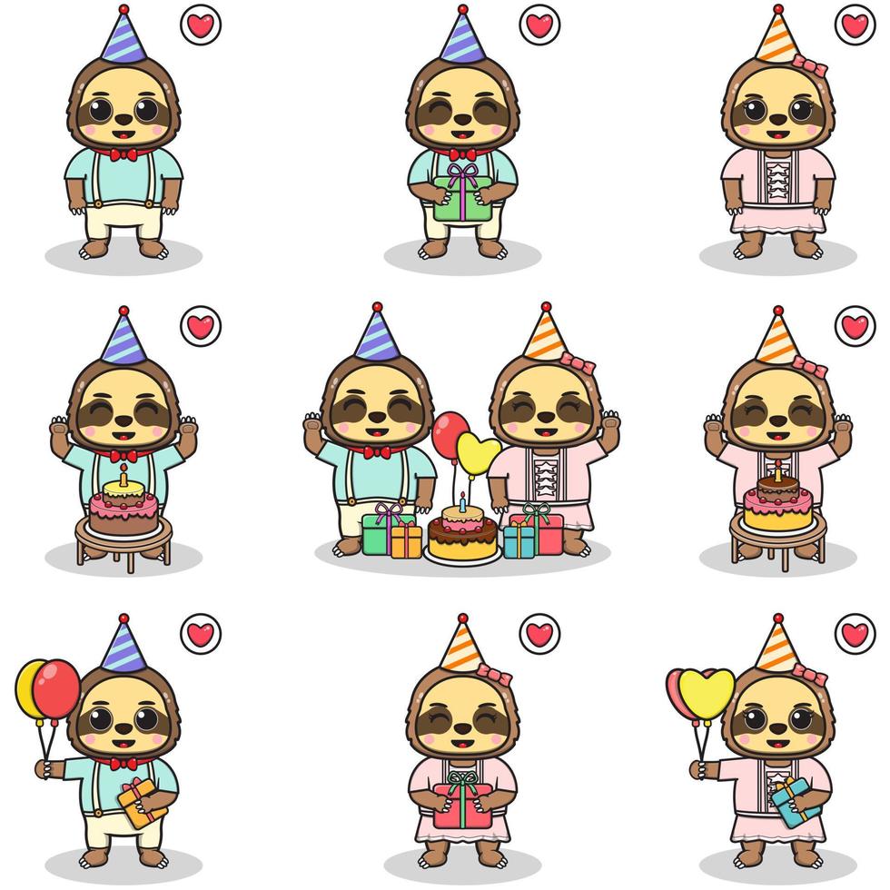 Vector of Cute Sloth in Birthday Party. Set of cute little Sloth characters. Collection of funny Sloth isolated on a white background.