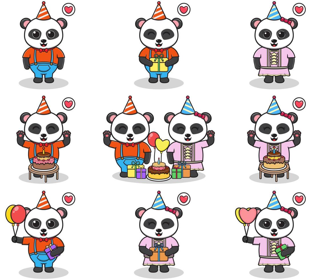 Vector of Cute Panda in Birthday Party. Set of cute little Panda characters. Collection of funny Panda isolated on a white background.